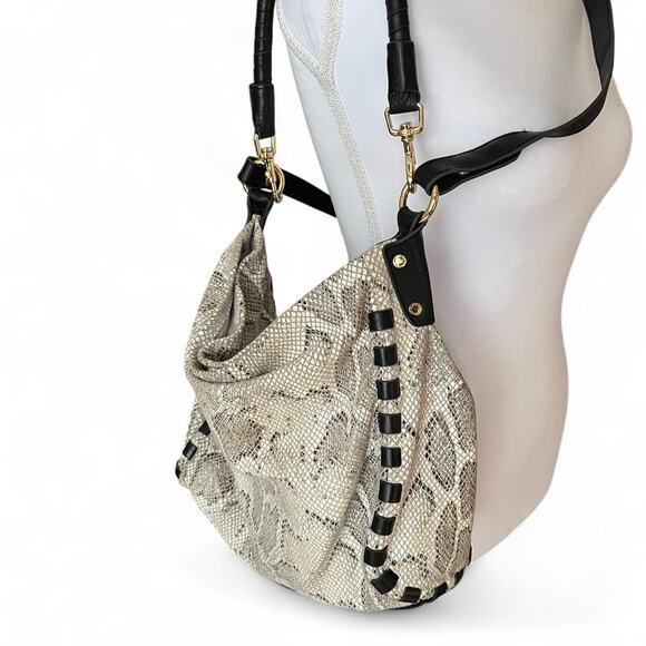 Aimee Kestenberg Snakeskin Leather Hobo Bag Black White Gold Hardware - Picture 4 of 8